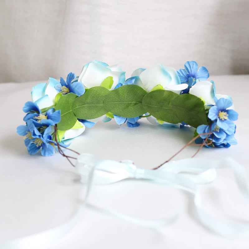 Vivivalue Rose Flower Crown Boho Flower Headband Hair Wreath Floral Headpiece Halo with Ribbon Wedding Party Festival Photos Blue - Image 5